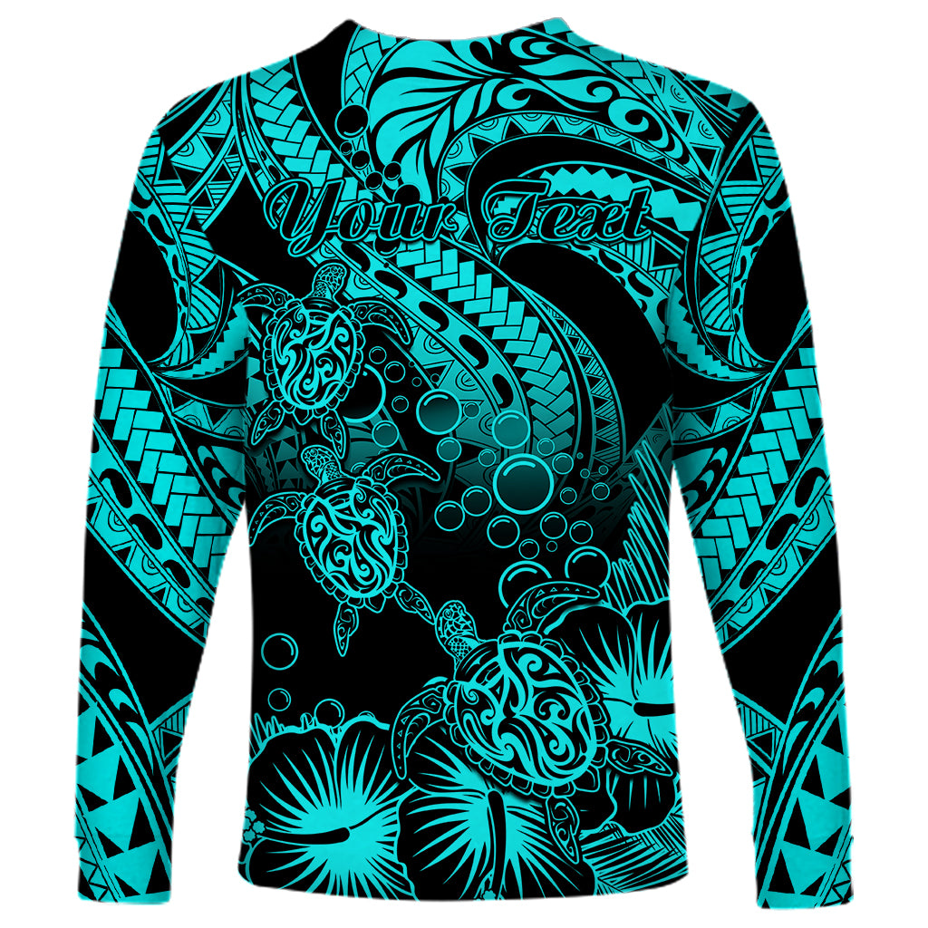 Personalised Polynesian Long Sleeve Shirt Tribal Honu Turtle with Hibiscus Turquoise Version - Wonder Print Shop