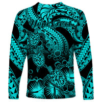 Personalised Polynesian Long Sleeve Shirt Tribal Honu Turtle with Hibiscus Turquoise Version - Wonder Print Shop