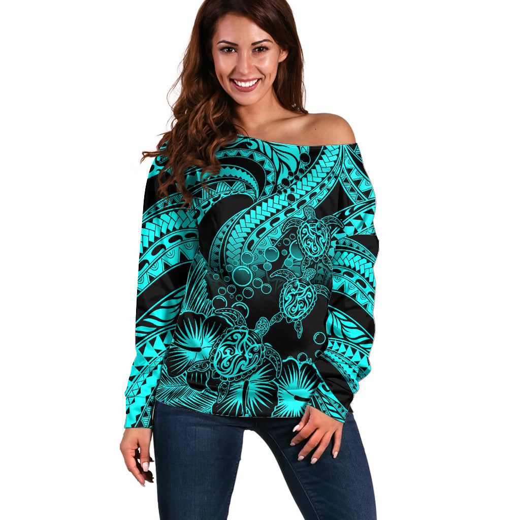 Personalised Polynesian Off Shoulder Sweater Tribal Honu Turtle with Hibiscus Turquoise Version - Wonder Print Shop