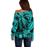 Personalised Polynesian Off Shoulder Sweater Tribal Honu Turtle with Hibiscus Turquoise Version - Wonder Print Shop