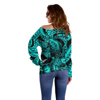 Personalised Polynesian Off Shoulder Sweater Tribal Honu Turtle with Hibiscus Turquoise Version - Wonder Print Shop