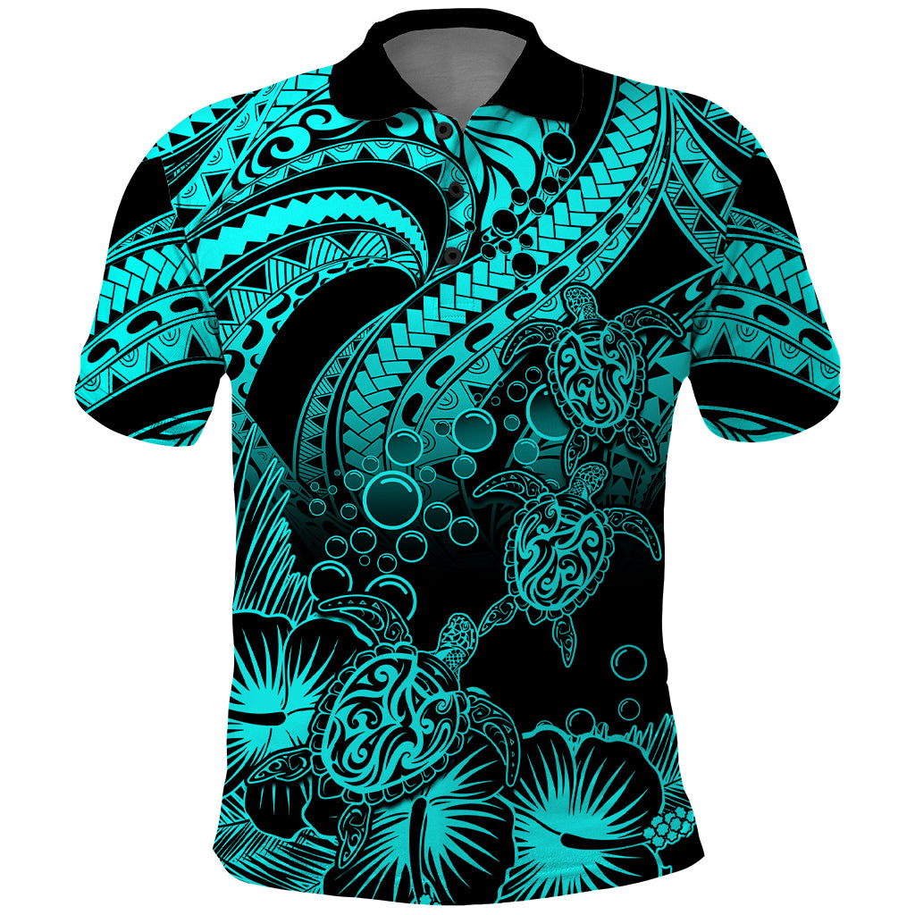 Custom Polynesian Polo Shirt Tribal Honu Turtle with Hibiscus Turquoise Version - Wonder Print Shop