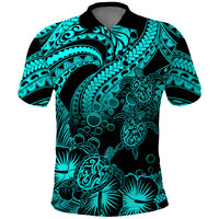 Custom Polynesian Polo Shirt Tribal Honu Turtle with Hibiscus Turquoise Version - Wonder Print Shop