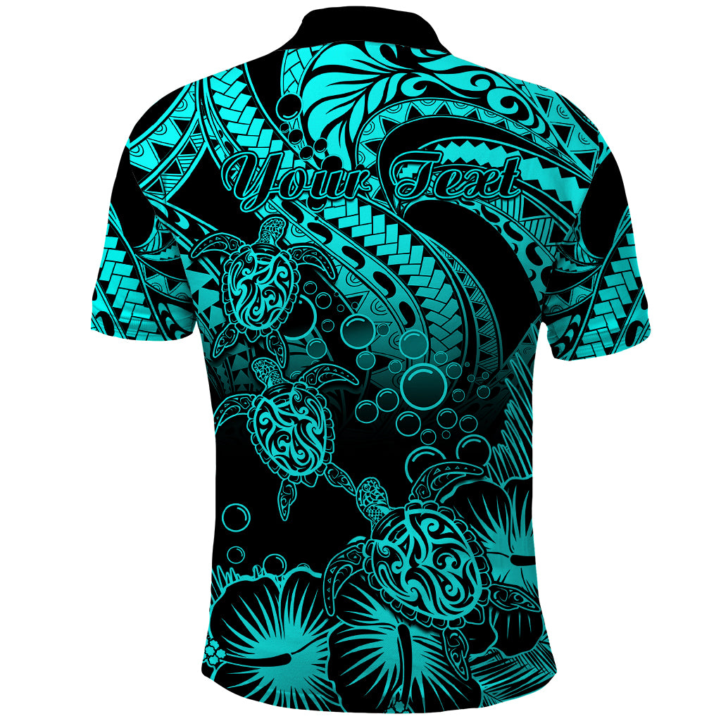 Custom Polynesian Polo Shirt Tribal Honu Turtle with Hibiscus Turquoise Version - Wonder Print Shop