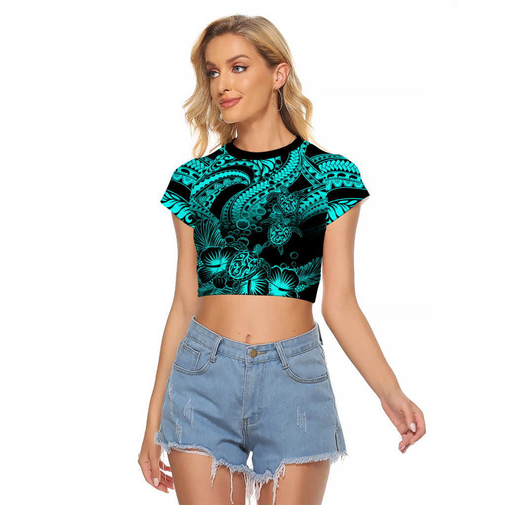 Personalised Polynesian Raglan Cropped T Shirt Tribal Honu Turtle with Hibiscus Turquoise Version - Wonder Print Shop
