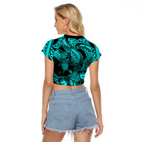 Personalised Polynesian Raglan Cropped T Shirt Tribal Honu Turtle with Hibiscus Turquoise Version - Wonder Print Shop