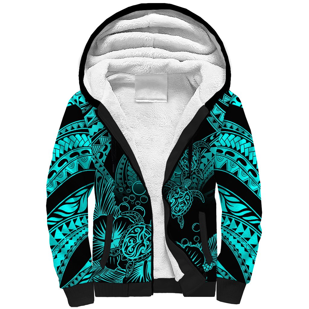 Personalised Polynesian Sherpa Hoodie Tribal Honu Turtle with Hibiscus Turquoise Version - Wonder Print Shop