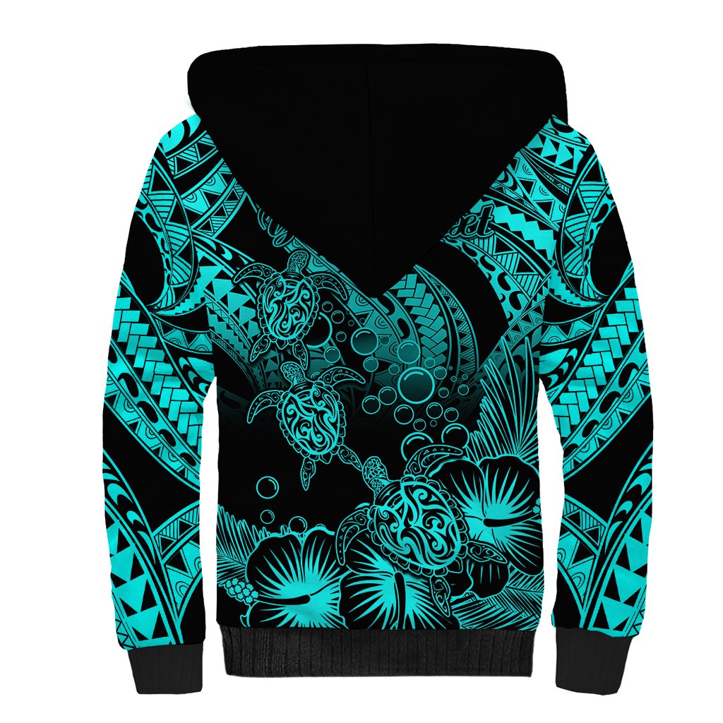 Personalised Polynesian Sherpa Hoodie Tribal Honu Turtle with Hibiscus Turquoise Version - Wonder Print Shop