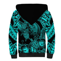 Personalised Polynesian Sherpa Hoodie Tribal Honu Turtle with Hibiscus Turquoise Version - Wonder Print Shop