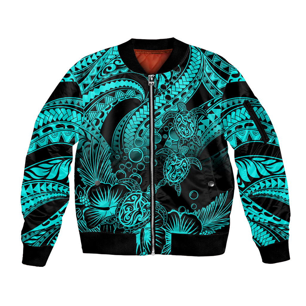 Personalised Polynesian Sleeve Zip Bomber Jacket Tribal Honu Turtle with Hibiscus Turquoise Version - Wonder Print Shop