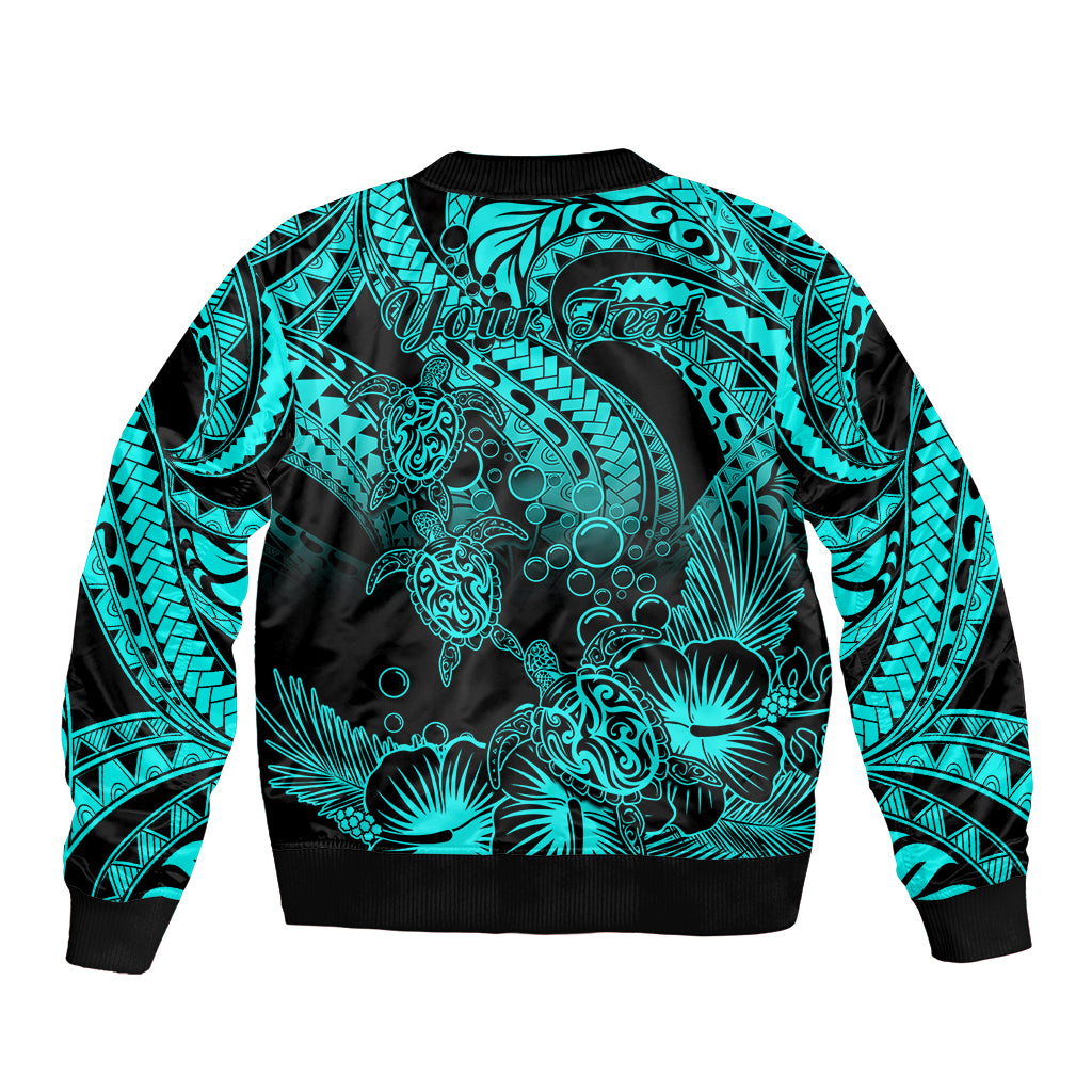 Personalised Polynesian Sleeve Zip Bomber Jacket Tribal Honu Turtle with Hibiscus Turquoise Version - Wonder Print Shop
