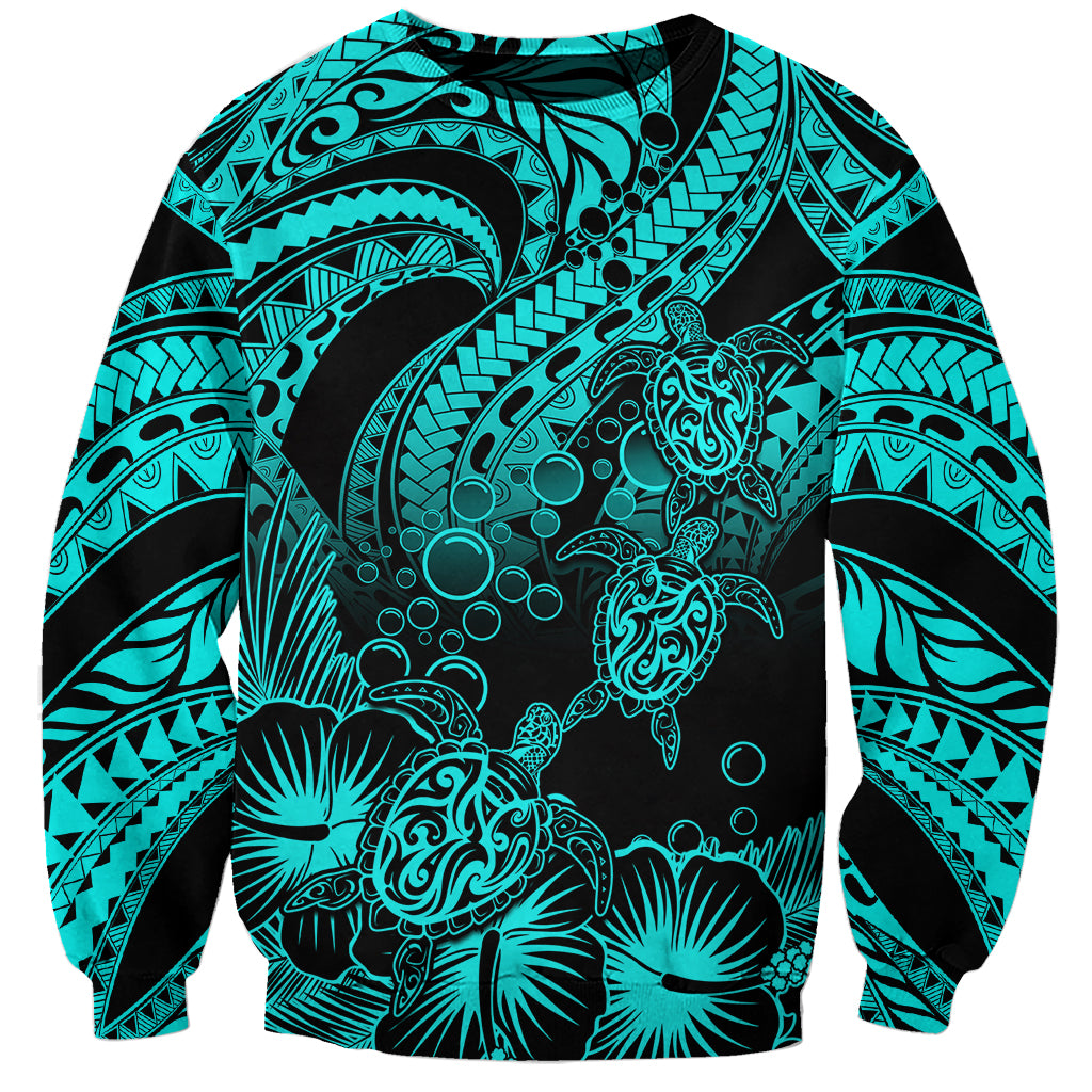 Personalised Polynesian Sweatshirt Tribal Honu Turtle with Hibiscus Turquoise Version - Wonder Print Shop