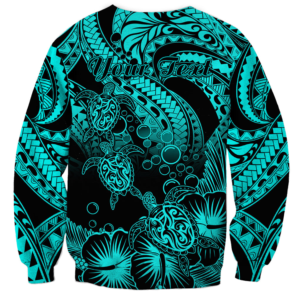 Personalised Polynesian Sweatshirt Tribal Honu Turtle with Hibiscus Turquoise Version - Wonder Print Shop