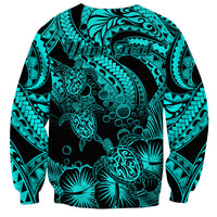 Personalised Polynesian Sweatshirt Tribal Honu Turtle with Hibiscus Turquoise Version - Wonder Print Shop