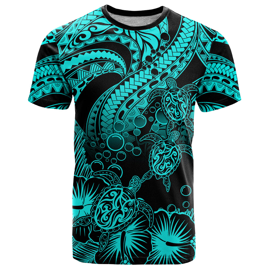 Personalised Polynesian T Shirt Tribal Honu Turtle with Hibiscus Turquoise Version - Wonder Print Shop