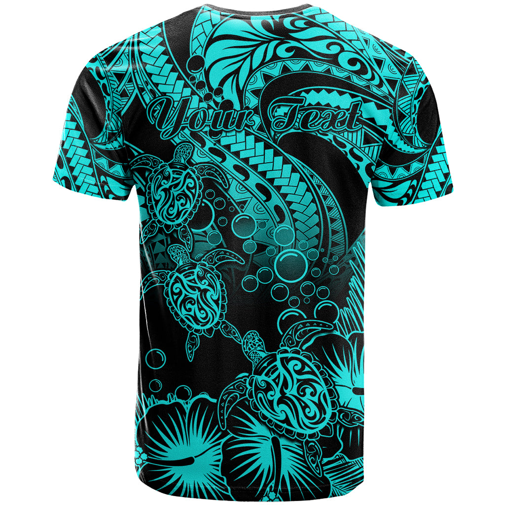 Personalised Polynesian T Shirt Tribal Honu Turtle with Hibiscus Turquoise Version - Wonder Print Shop