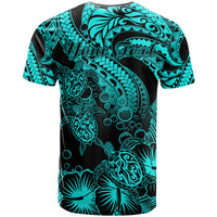 Personalised Polynesian T Shirt Tribal Honu Turtle with Hibiscus Turquoise Version - Wonder Print Shop
