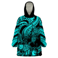 Personalised Polynesian Wearable Blanket Hoodie Tribal Honu Turtle with Hibiscus Turquoise Version - Wonder Print Shop