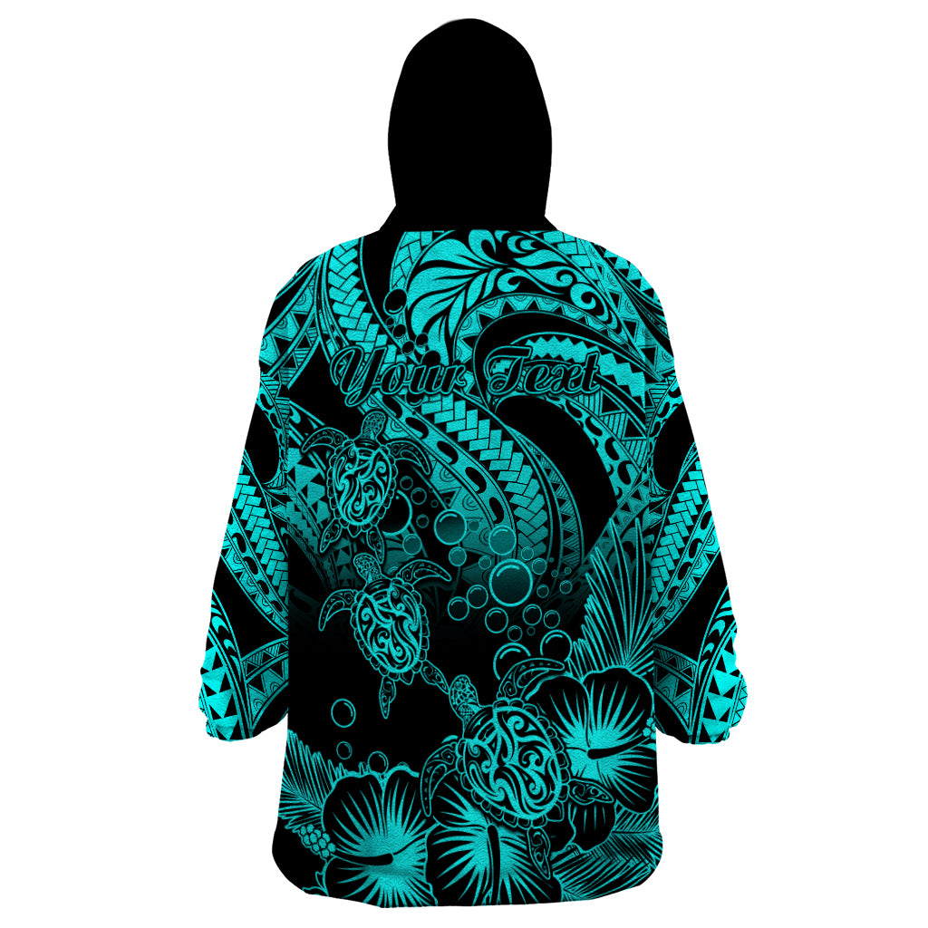 Personalised Polynesian Wearable Blanket Hoodie Tribal Honu Turtle with Hibiscus Turquoise Version - Wonder Print Shop