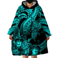 Personalised Polynesian Wearable Blanket Hoodie Tribal Honu Turtle with Hibiscus Turquoise Version - Wonder Print Shop