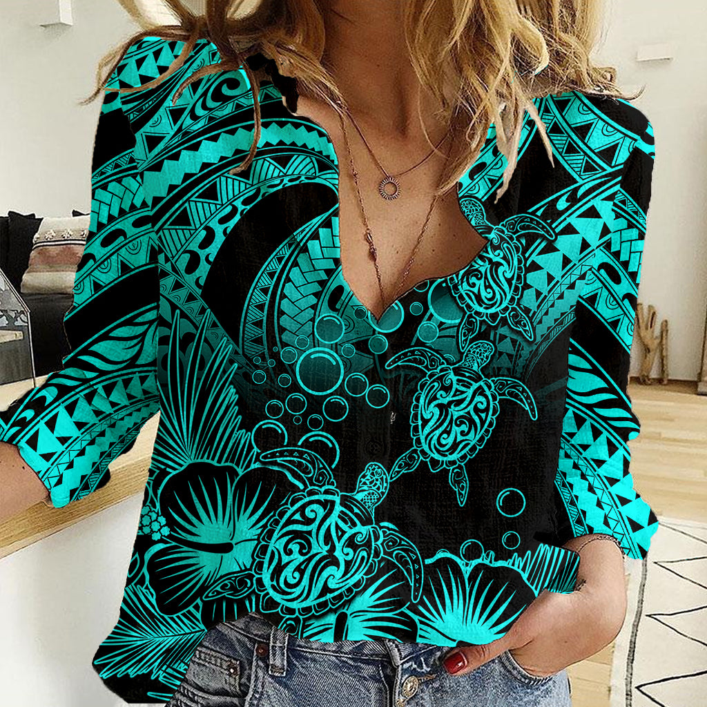Personalised Polynesian Women Casual Shirt Tribal Honu Turtle with Hibiscus Turquoise Version - Wonder Print Shop
