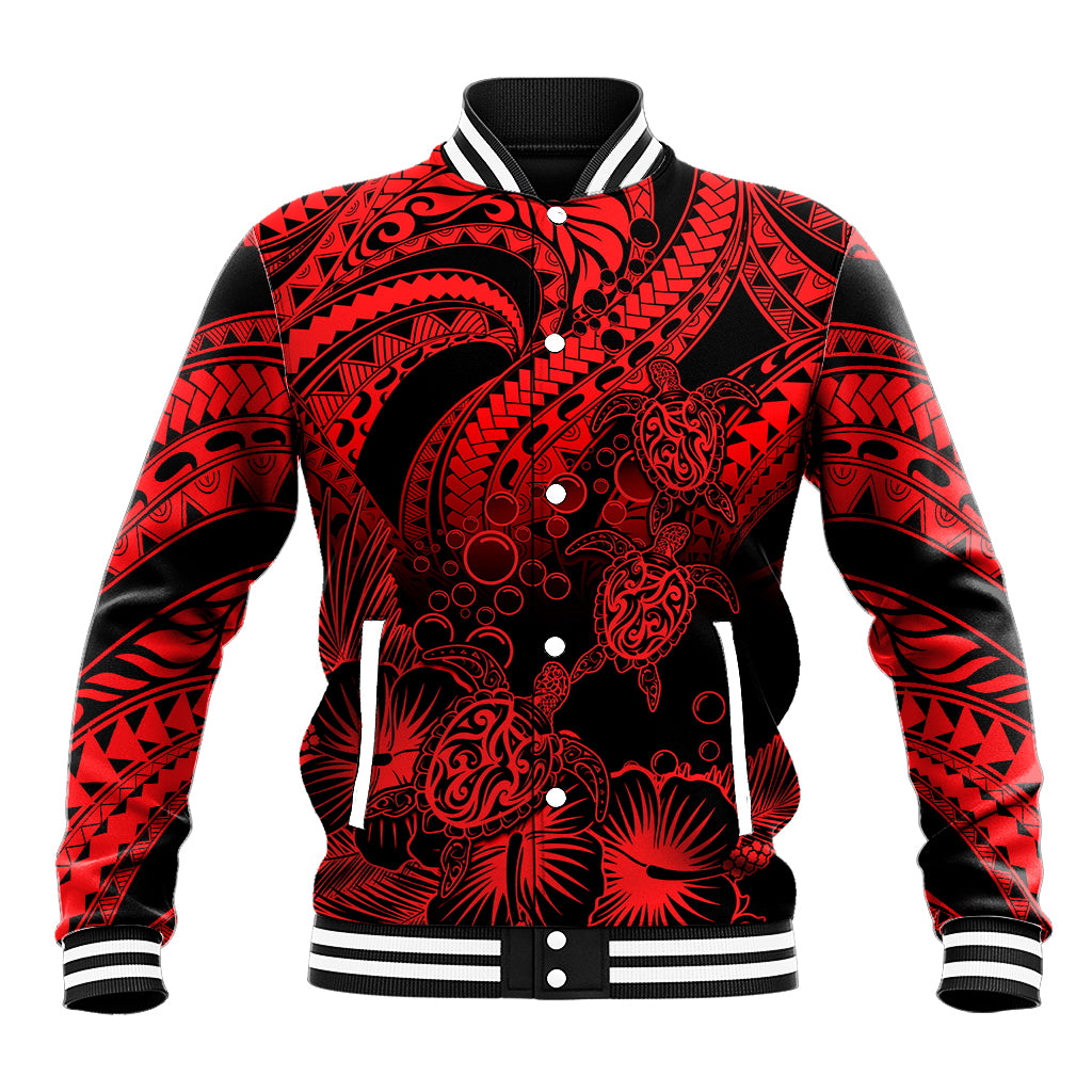 Personalised Polynesian Baseball Jacket Tribal Honu Turtle with Hibiscus Red Version - Wonder Print Shop