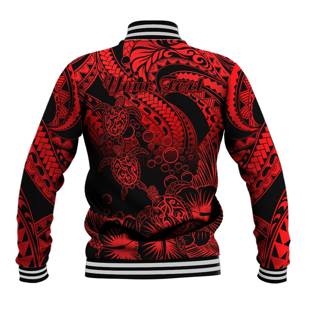 Personalised Polynesian Baseball Jacket Tribal Honu Turtle with Hibiscus Red Version - Wonder Print Shop