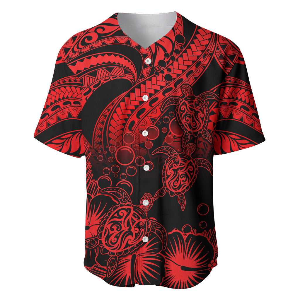 Personalised Polynesian Baseball Jersey Tribal Honu Turtle with Hibiscus Red Version - Wonder Print Shop