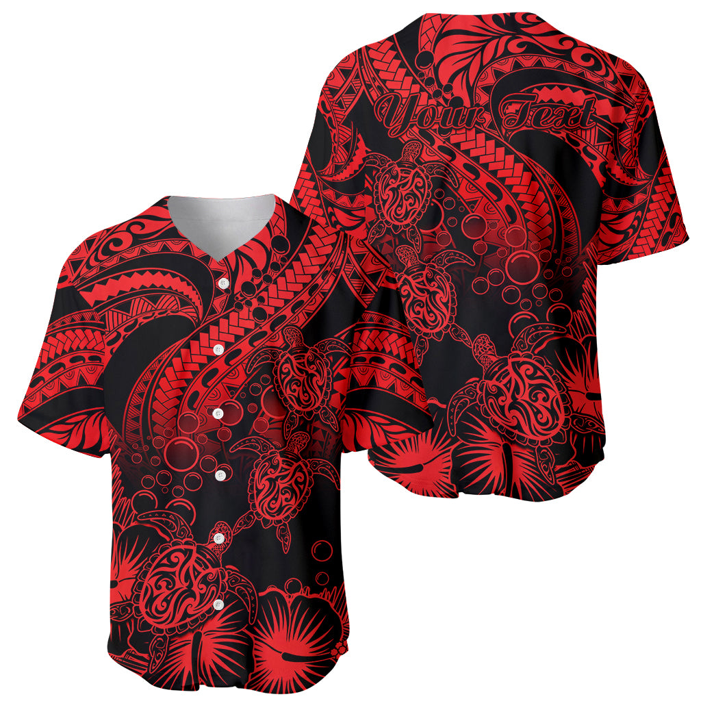 Personalised Polynesian Baseball Jersey Tribal Honu Turtle with Hibiscus Red Version - Wonder Print Shop