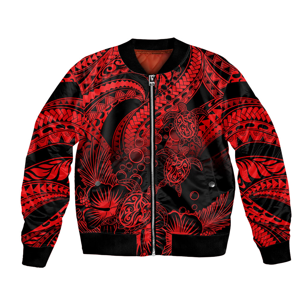 Personalised Polynesian Bomber Jacket Tribal Honu Turtle with Hibiscus Red Version - Wonder Print Shop
