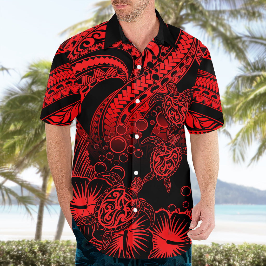 Personalised Polynesian Hawaiian Shirt Tribal Honu Turtle with Hibiscus Red Version - Wonder Print Shop