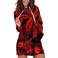 Personalised Polynesian Hoodie Dress Tribal Honu Turtle with Hibiscus Red Version - Wonder Print Shop