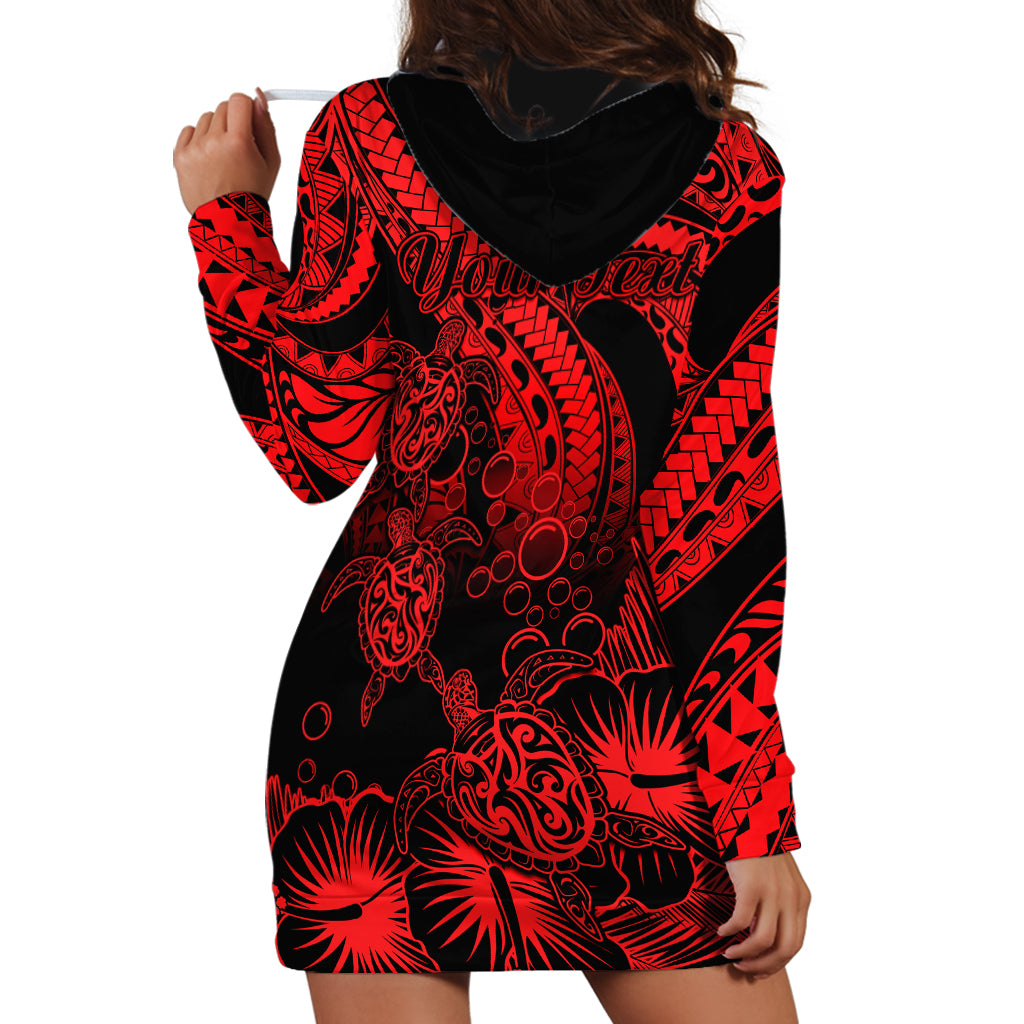 Personalised Polynesian Hoodie Dress Tribal Honu Turtle with Hibiscus Red Version - Wonder Print Shop