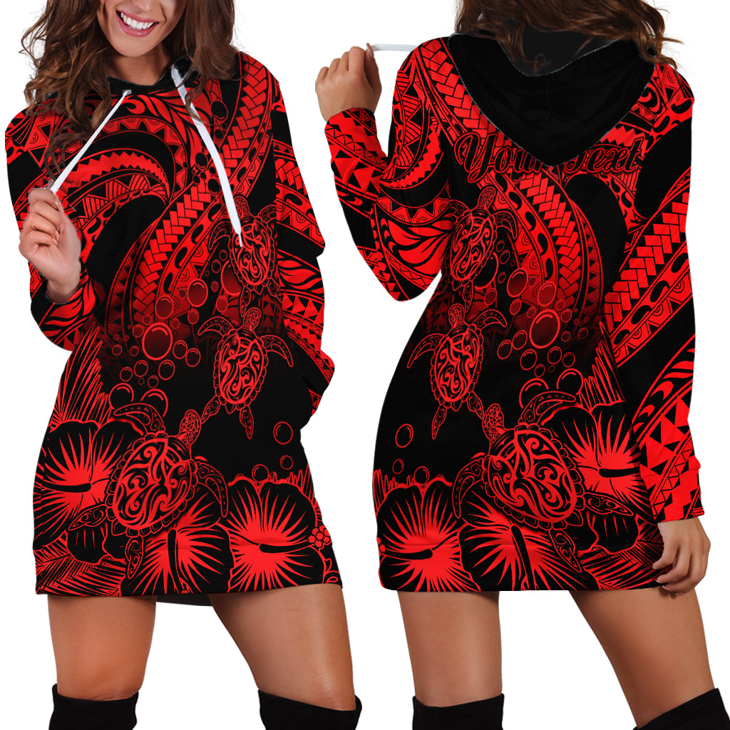 Personalised Polynesian Hoodie Dress Tribal Honu Turtle with Hibiscus Red Version - Wonder Print Shop