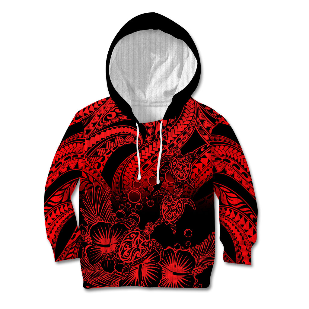Personalised Polynesian Kid Hoodie Tribal Honu Turtle with Hibiscus Red Version - Wonder Print Shop