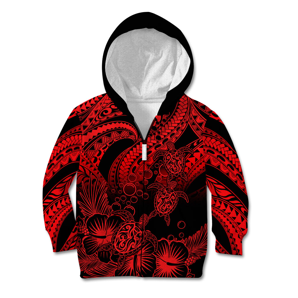 Personalised Polynesian Kid Hoodie Tribal Honu Turtle with Hibiscus Red Version - Wonder Print Shop