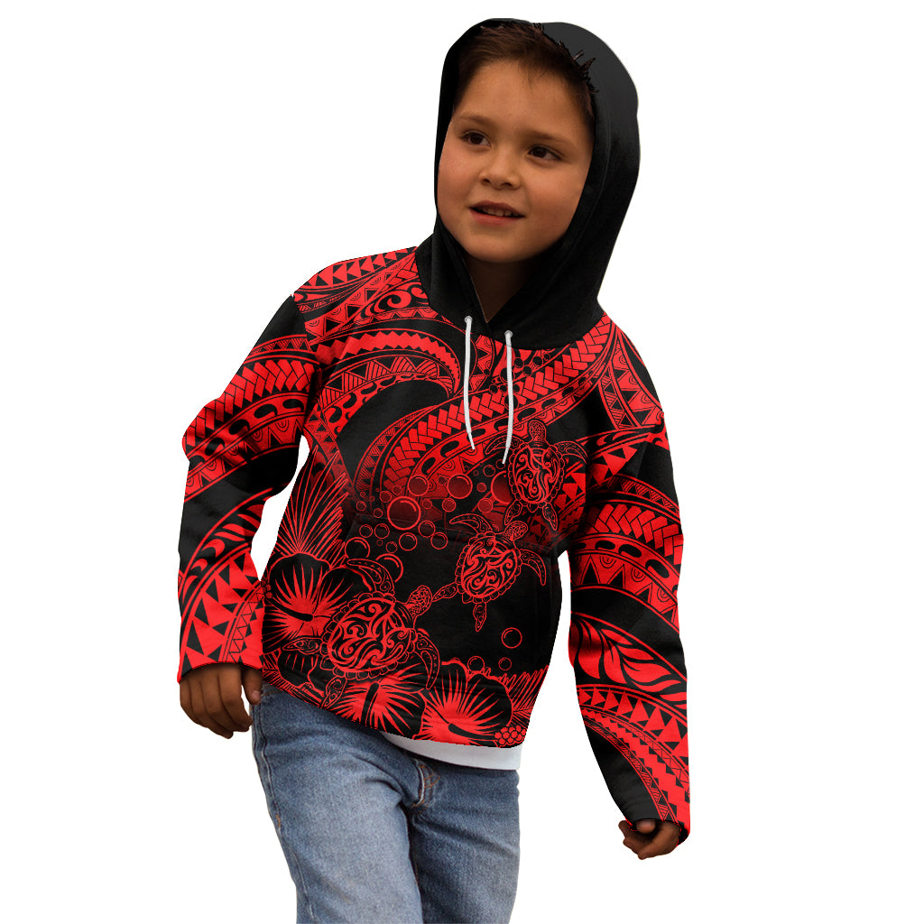 Personalised Polynesian Kid Hoodie Tribal Honu Turtle with Hibiscus Red Version - Wonder Print Shop