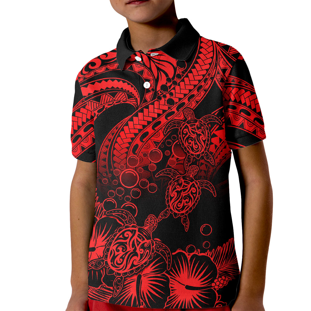 Custom Polynesian Polo Shirt for Kid Tribal Honu Turtle with Hibiscus Red Version - Wonder Print Shop