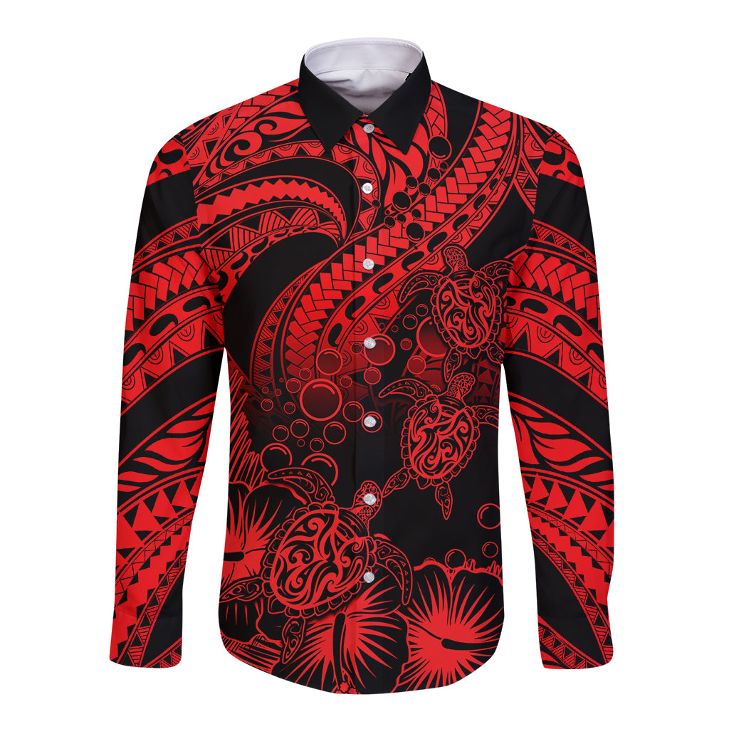 Personalised Polynesian Long Sleeve Button Shirt Tribal Honu Turtle with Hibiscus Red Version - Wonder Print Shop