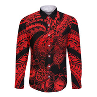 Personalised Polynesian Long Sleeve Button Shirt Tribal Honu Turtle with Hibiscus Red Version - Wonder Print Shop