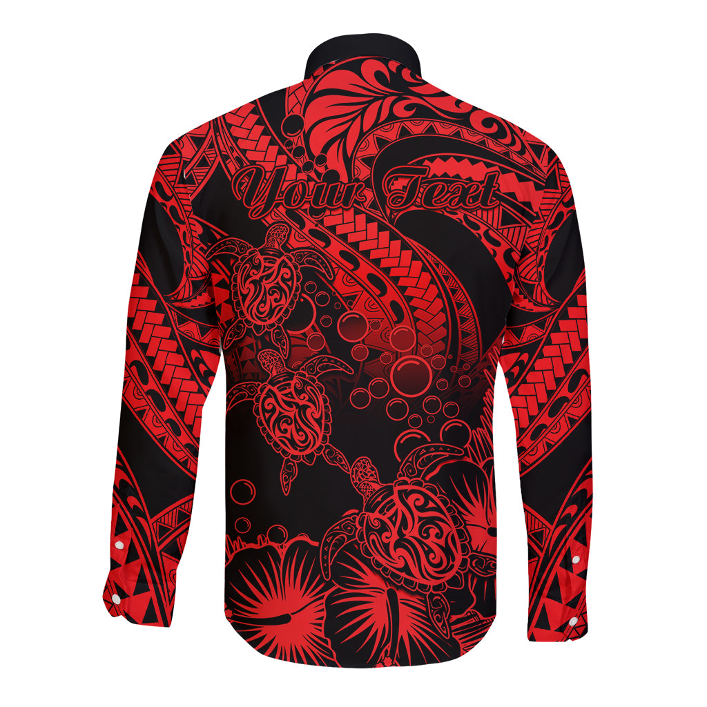 Personalised Polynesian Long Sleeve Button Shirt Tribal Honu Turtle with Hibiscus Red Version - Wonder Print Shop
