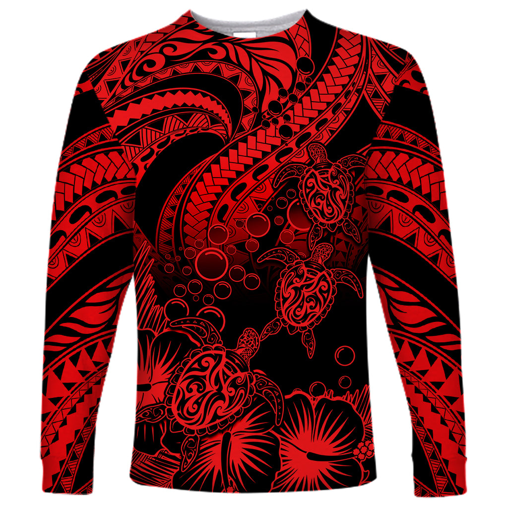 Personalised Polynesian Long Sleeve Shirt Tribal Honu Turtle with Hibiscus Red Version - Wonder Print Shop