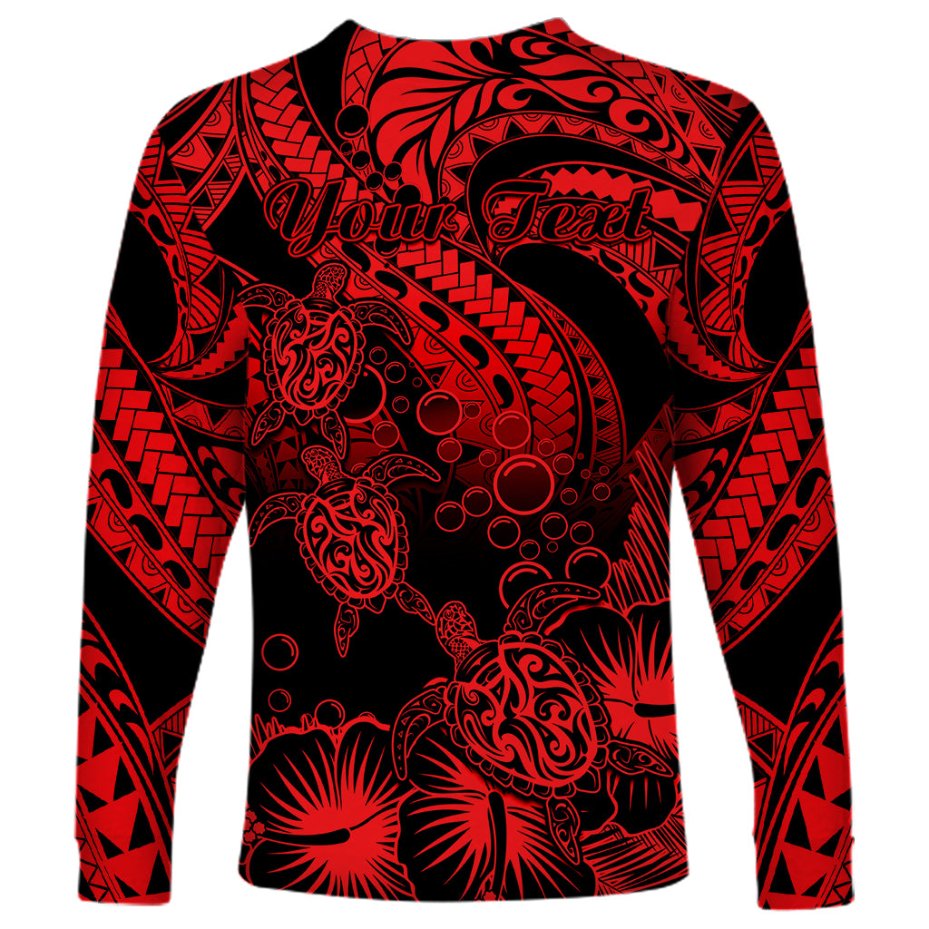 Personalised Polynesian Long Sleeve Shirt Tribal Honu Turtle with Hibiscus Red Version - Wonder Print Shop