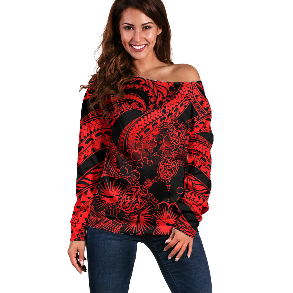 Personalised Polynesian Off Shoulder Sweater Tribal Honu Turtle with Hibiscus Red Version - Wonder Print Shop