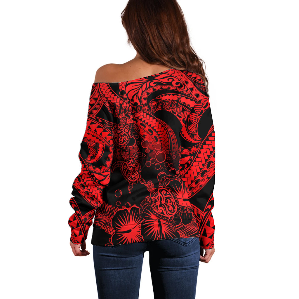 Personalised Polynesian Off Shoulder Sweater Tribal Honu Turtle with Hibiscus Red Version - Wonder Print Shop