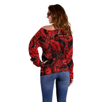 Personalised Polynesian Off Shoulder Sweater Tribal Honu Turtle with Hibiscus Red Version - Wonder Print Shop
