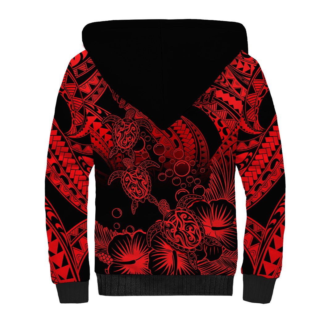 Personalised Polynesian Sherpa Hoodie Tribal Honu Turtle with Hibiscus Red Version - Wonder Print Shop