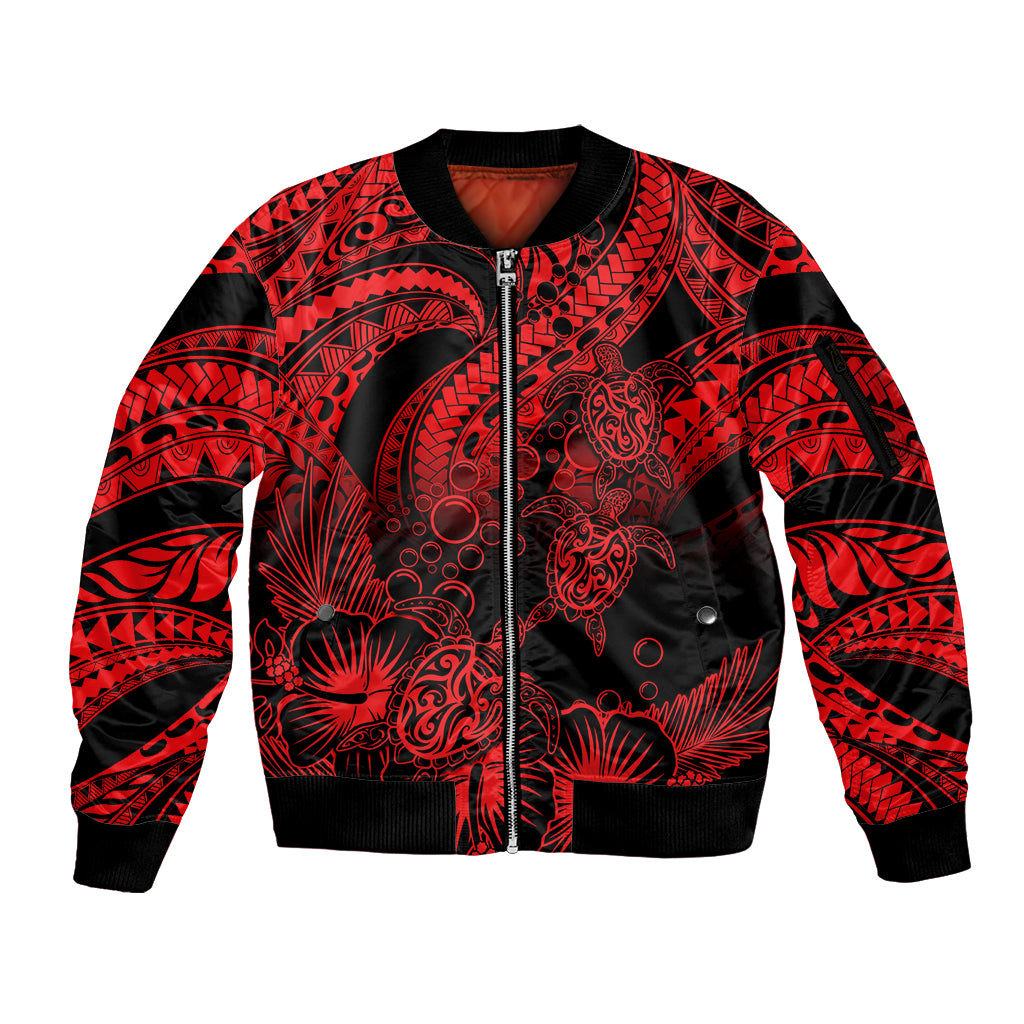Personalised Polynesian Sleeve Zip Bomber Jacket Tribal Honu Turtle with Hibiscus Red Version - Wonder Print Shop