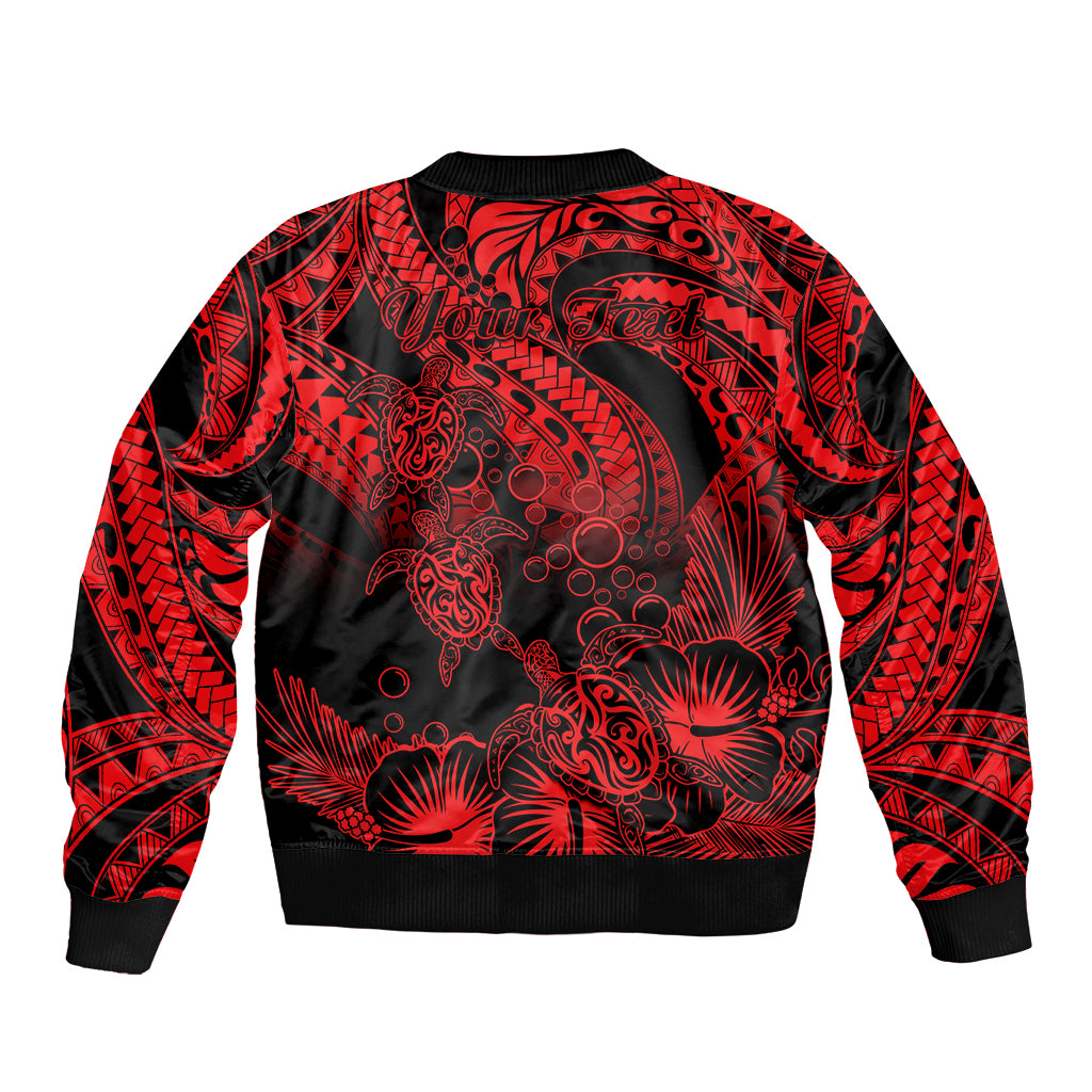 Personalised Polynesian Sleeve Zip Bomber Jacket Tribal Honu Turtle with Hibiscus Red Version - Wonder Print Shop