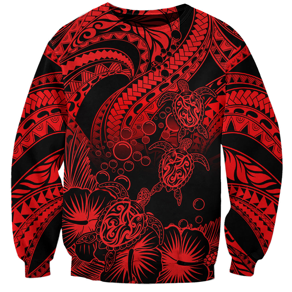 Personalised Polynesian Sweatshirt Tribal Honu Turtle with Hibiscus Red Version - Wonder Print Shop